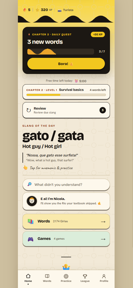 Pantalla de la app: inicio con lección guiada, progreso del capítulo y gíria del día
